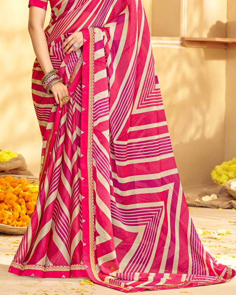 Vishal Prints Red Pink Printed Chiffon Saree With Fancy Border