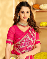 Vishal Prints Red Pink Printed Chiffon Saree With Fancy Border