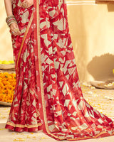 Vishal Prints Cherry Red Printed Chiffon Saree With Fancy Border