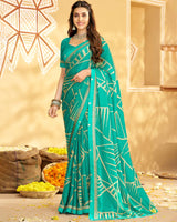Vishal Prints Dark Turquoise Blue Printed Chiffon Saree With Fancy Border