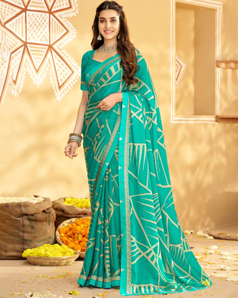 Vishal Prints Dark Turquoise Blue Printed Chiffon Saree With Fancy Border