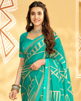 Vishal Prints Dark Turquoise Blue Printed Chiffon Saree With Fancy Border