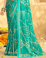 Vishal Prints Dark Turquoise Blue Printed Chiffon Saree With Fancy Border