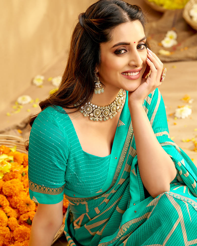 Vishal Prints Dark Turquoise Blue Printed Chiffon Saree With Fancy Border