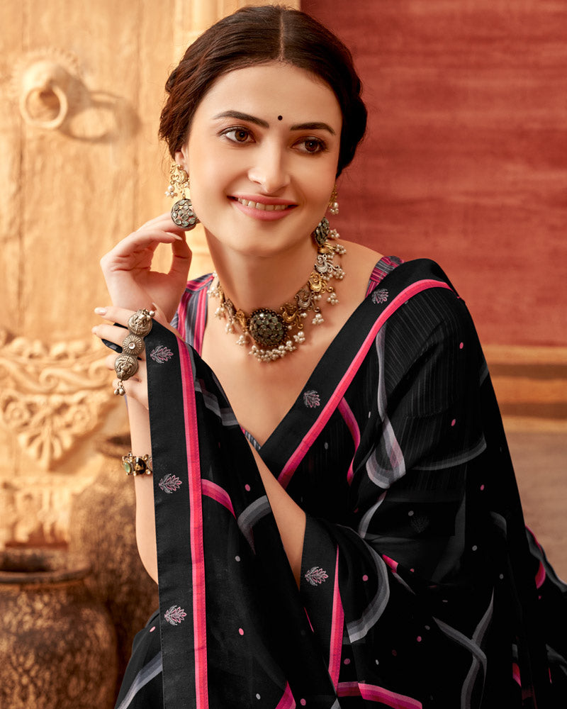 Vishal Prints Black And Red Pink Printed Georgette Saree With Fancy Border