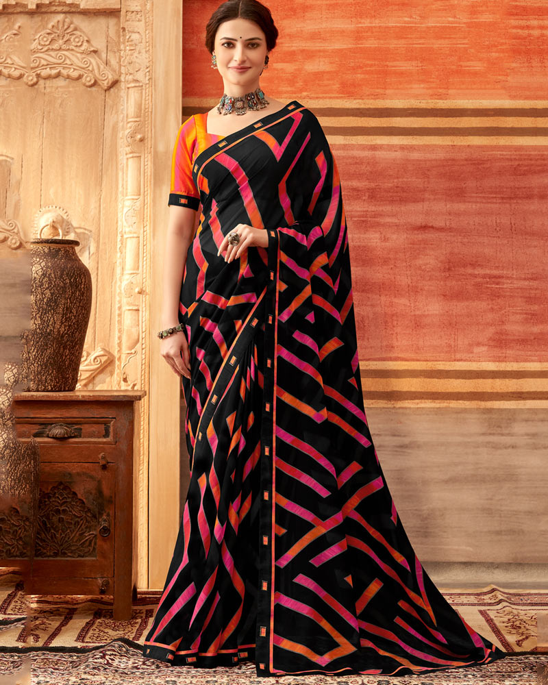 Vishal Prints Black And Pinkish Red Printed Georgette Saree With Fancy Border