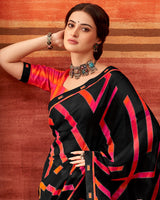 Vishal Prints Black And Pinkish Red Printed Georgette Saree With Fancy Border