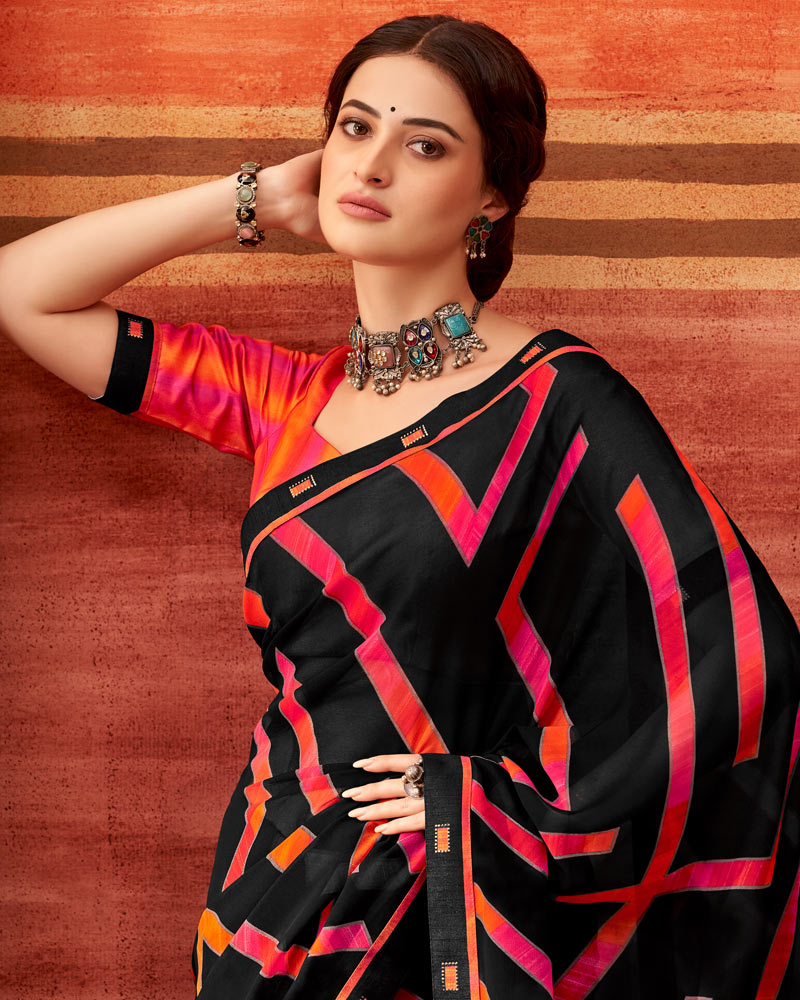 Vishal Prints Black And Pinkish Red Printed Georgette Saree With Fancy Border