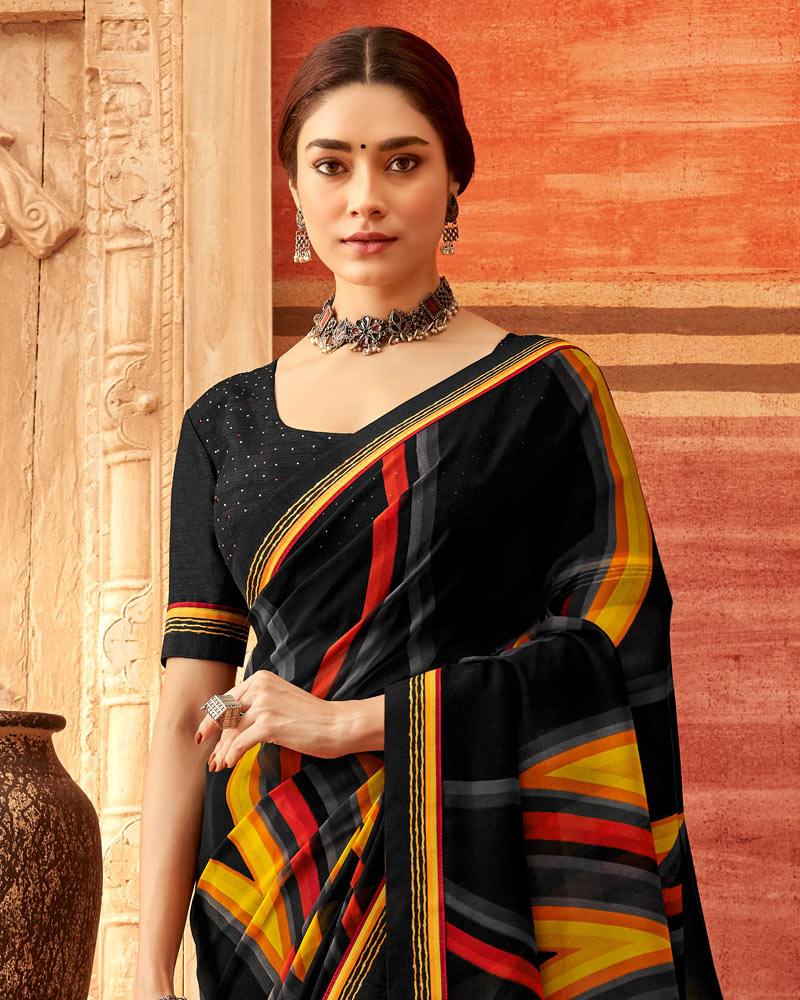 Vishal Prints Black And Dark Yellow Printed Georgette Saree With Fancy Border