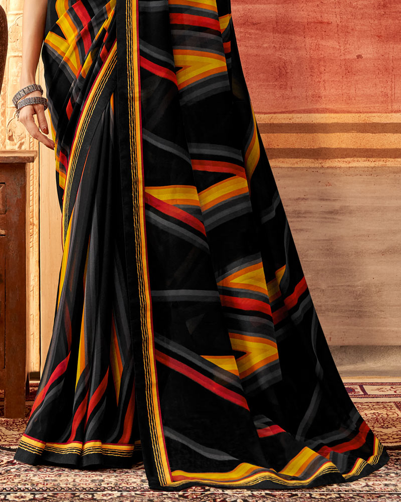 Vishal Prints Black And Dark Yellow Printed Georgette Saree With Fancy Border