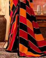 Vishal Prints Black And Red Orange Printed Georgette Saree With Fancy Border