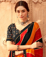 Vishal Prints Black And Red Orange Printed Georgette Saree With Fancy Border