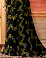 Vishal Prints Black And Yellowy Brown Printed Georgette Saree With Fancy Border