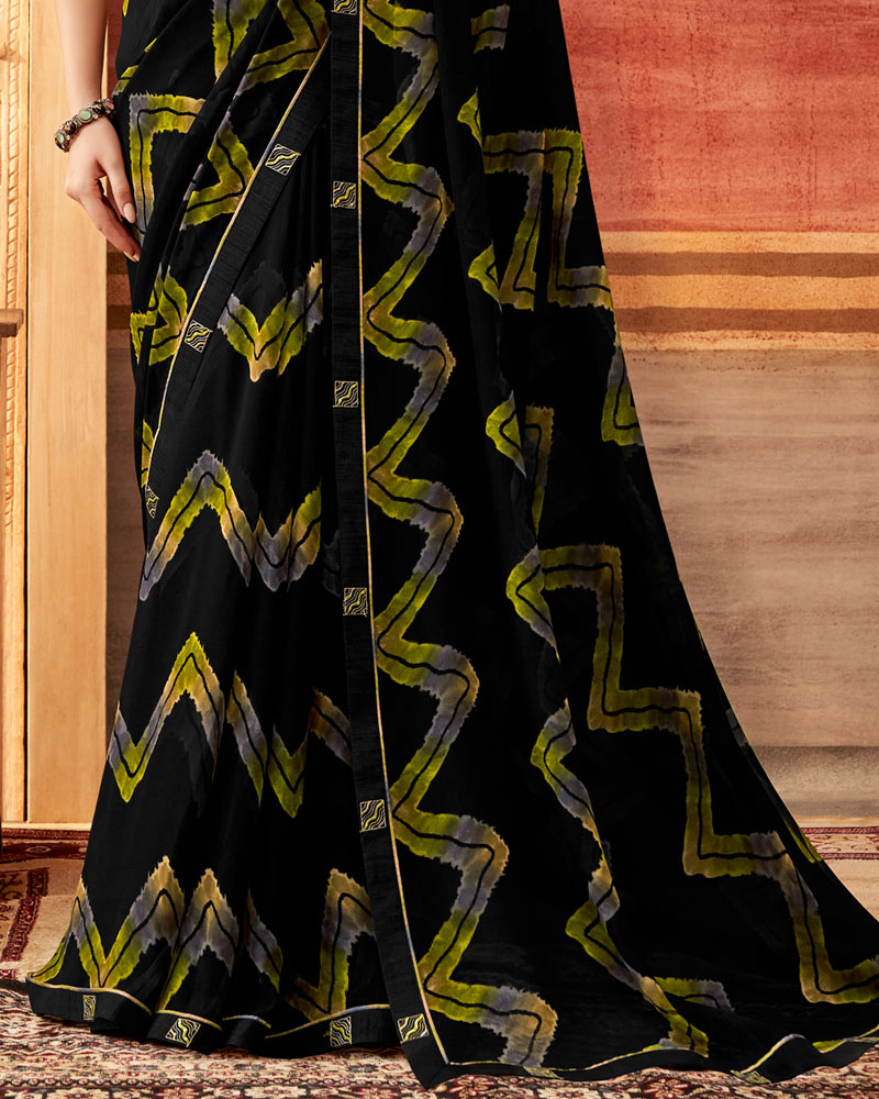 Vishal Prints Black And Yellowy Brown Printed Georgette Saree With Fancy Border