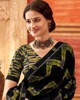 Vishal Prints Black And Yellowy Brown Printed Georgette Saree With Fancy Border