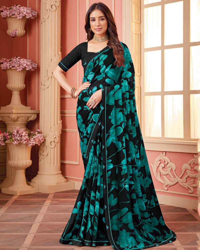 Vishal Prints Black And Persian Green Printed Georgette Saree With Fancy Border
