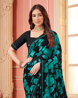 Vishal Prints Black And Persian Green Printed Georgette Saree With Fancy Border