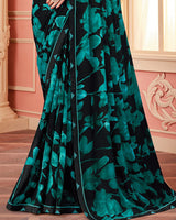 Vishal Prints Black And Persian Green Printed Georgette Saree With Fancy Border