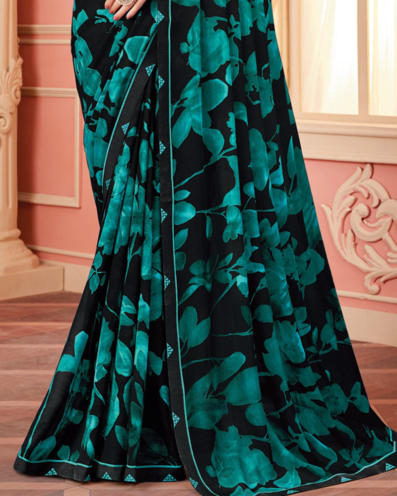 Vishal Prints Black And Persian Green Printed Georgette Saree With Fancy Border