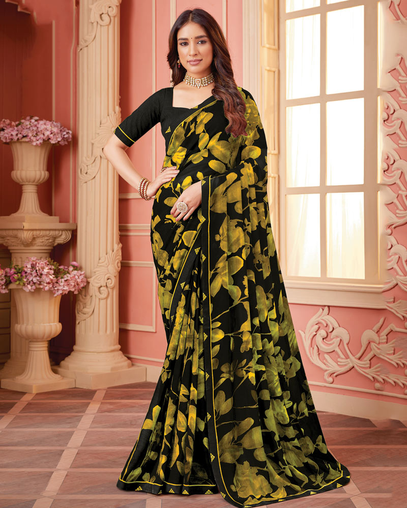Vishal Prints Black And Ochre Printed Georgette Saree With Fancy Border