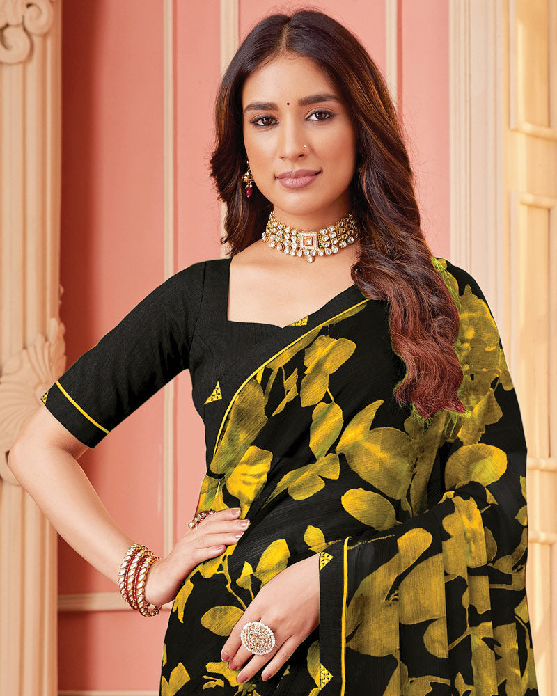 Vishal Prints Black And Ochre Printed Georgette Saree With Fancy Border