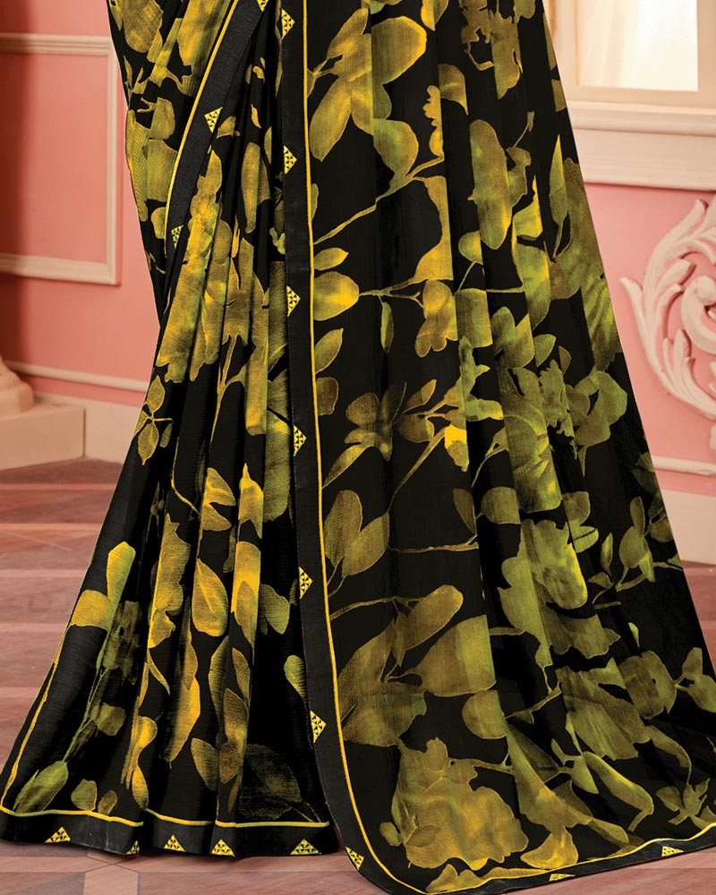 Vishal Prints Black And Ochre Printed Georgette Saree With Fancy Border