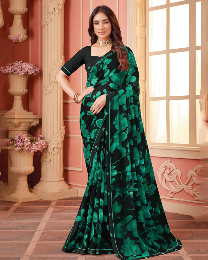 Vishal Prints Black And Jade Green Printed Georgette Saree With Fancy Border