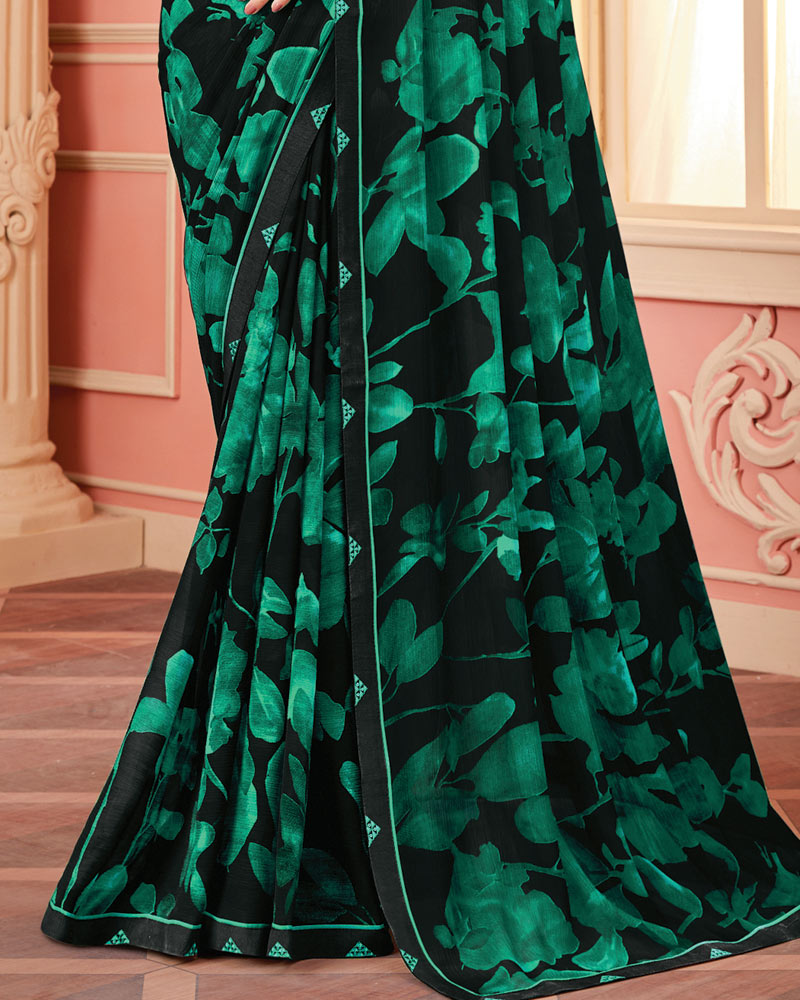Vishal Prints Black And Jade Green Printed Georgette Saree With Fancy Border