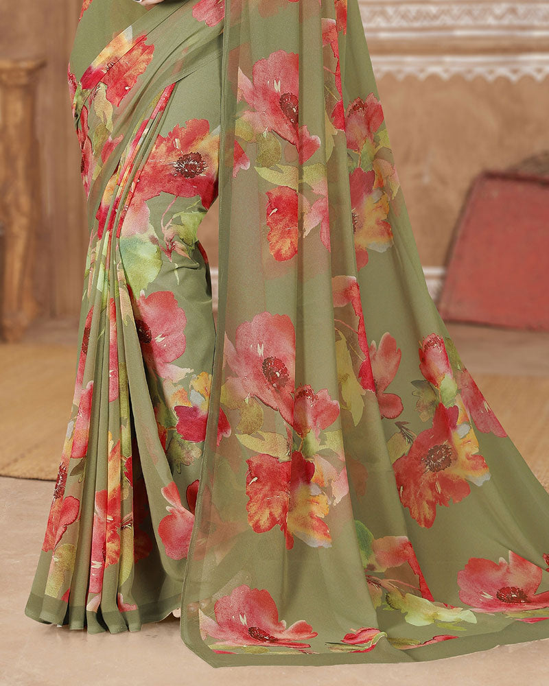 Vishal Prints Sage Green Digital Print Georgette Saree
