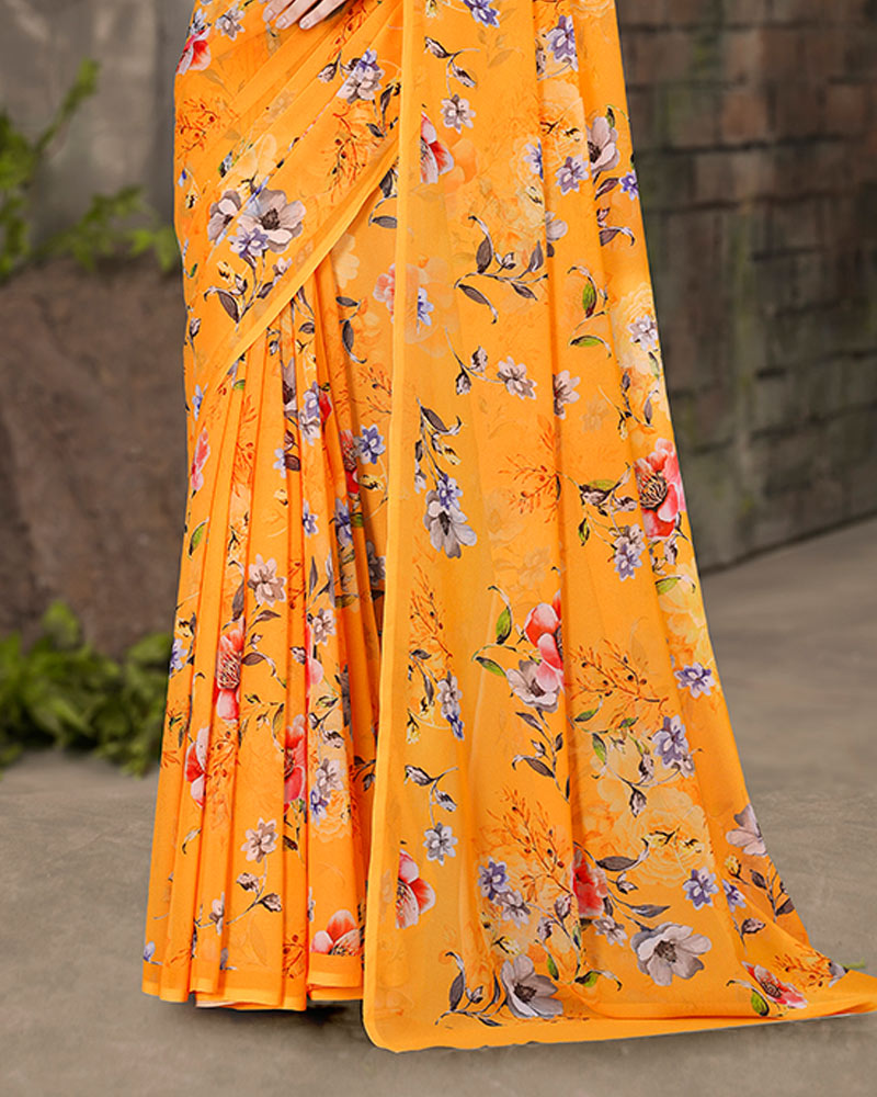 Vishal Prints Bright Orange Digital Print Georgette Saree