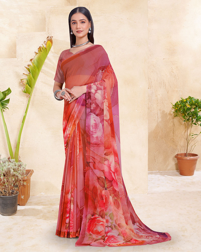 Vishal Prints Dark Pastel Red Digital Print Georgette Saree
