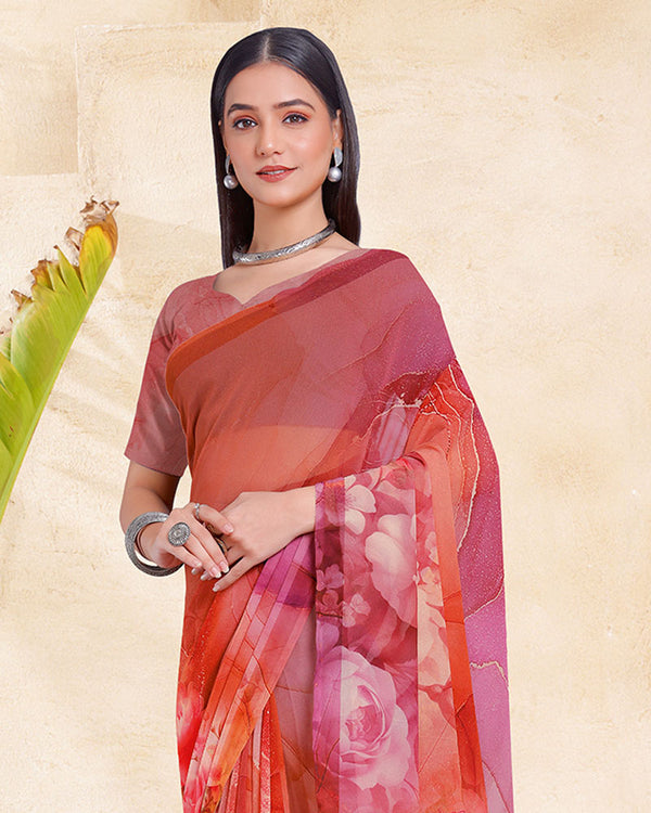 Vishal Prints Dark Pastel Red Digital Print Georgette Saree