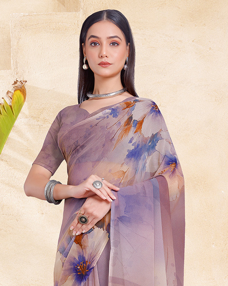 Vishal Prints Greyish Purple Digital Print Georgette Saree