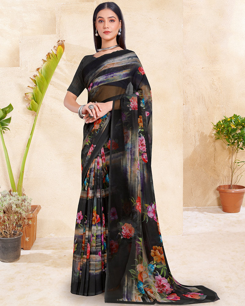 Vishal Prints Smoky Black Digital Print Georgette Saree