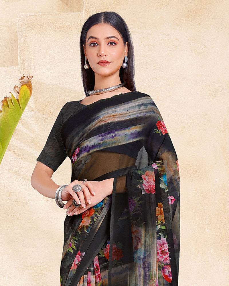 Vishal Prints Smoky Black Digital Print Georgette Saree