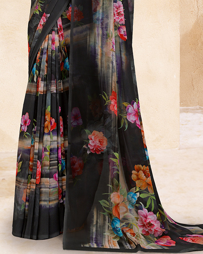 Vishal Prints Smoky Black Digital Print Georgette Saree
