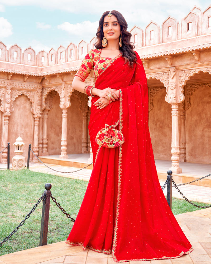 Vishal Prints Lava Red Designer Organza Saree With Diamond Work And Embroidery Cut Work Border (With Matching Potli Bag)