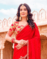 Vishal Prints Lava Red Designer Organza Saree With Diamond Work And Embroidery Cut Work Border (With Matching Potli Bag)