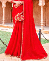 Vishal Prints Lava Red Designer Organza Saree With Diamond Work And Embroidery Cut Work Border (With Matching Potli Bag)