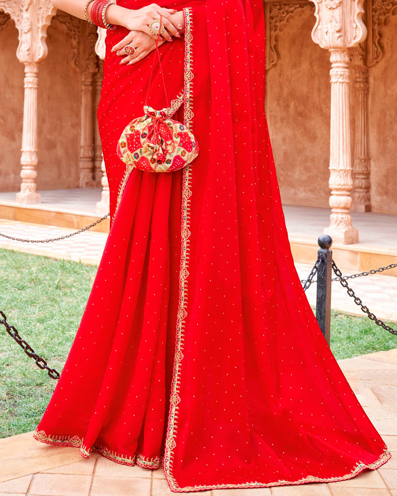 Vishal Prints Lava Red Designer Organza Saree With Diamond Work And Embroidery Cut Work Border (With Matching Potli Bag)