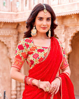 Vishal Prints Lava Red Designer Organza Saree With Diamond Work And Embroidery Cut Work Border (With Matching Potli Bag)