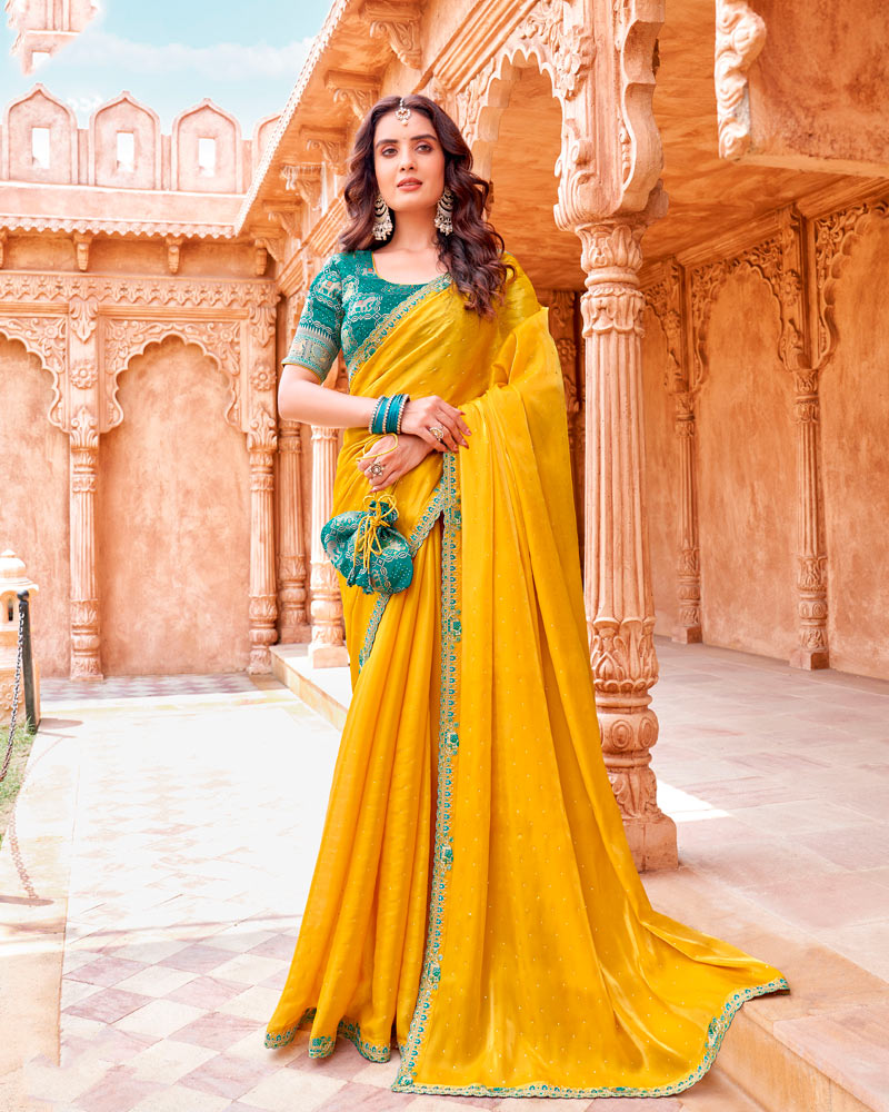 Vishal Prints Mustard Yellow Designer Organza Saree With Diamond Work And Embroidery Cut Work Border (With Matching Potli Bag)