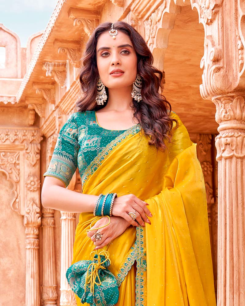Vishal Prints Mustard Yellow Designer Organza Saree With Diamond Work And Embroidery Cut Work Border (With Matching Potli Bag)
