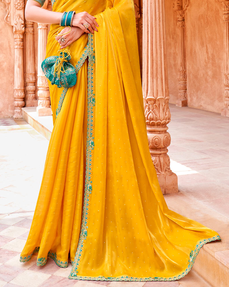 Vishal Prints Mustard Yellow Designer Organza Saree With Diamond Work And Embroidery Cut Work Border (With Matching Potli Bag)