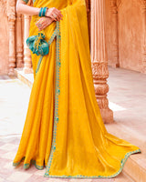 Vishal Prints Mustard Yellow Designer Organza Saree With Diamond Work And Embroidery Cut Work Border (With Matching Potli Bag)