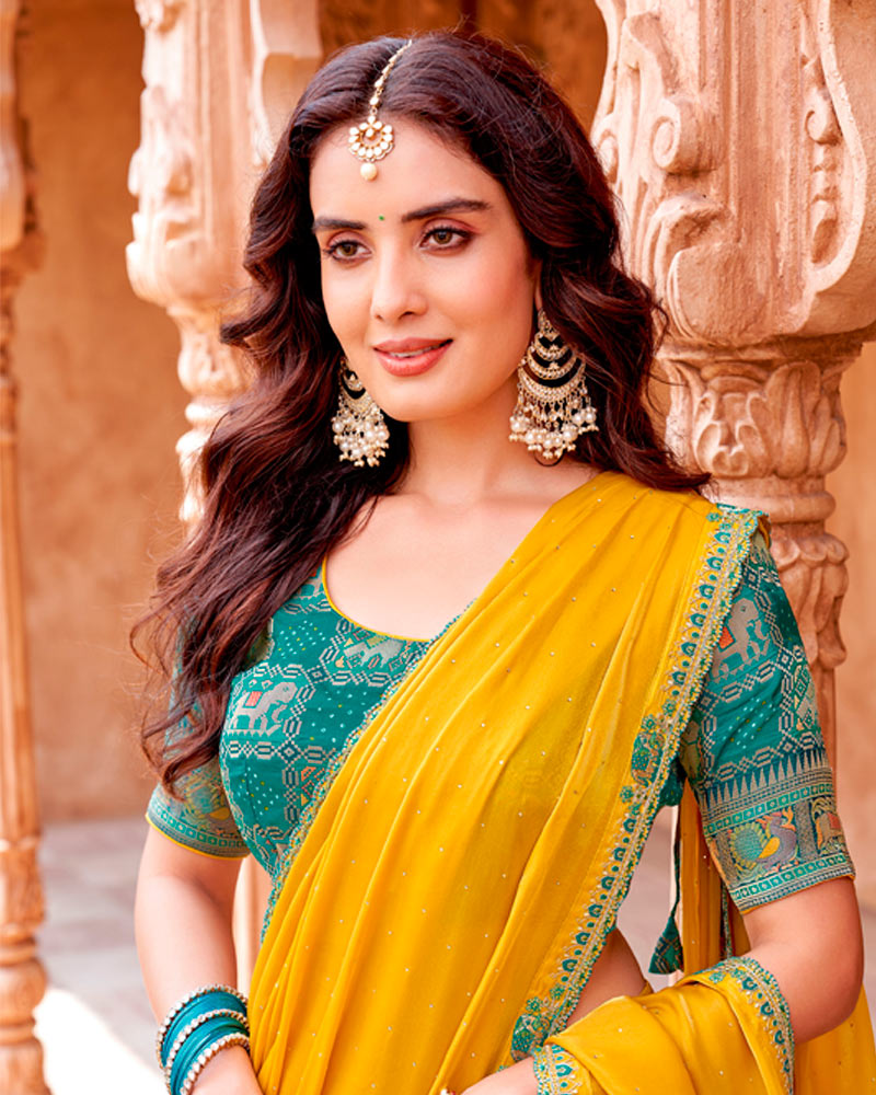 Vishal Prints Mustard Yellow Designer Organza Saree With Diamond Work And Embroidery Cut Work Border (With Matching Potli Bag)