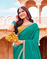 Vishal Prints Pine Green Designer Organza Saree With Diamond Work And Embroidery Cut Work Border (With Matching Potli Bag)