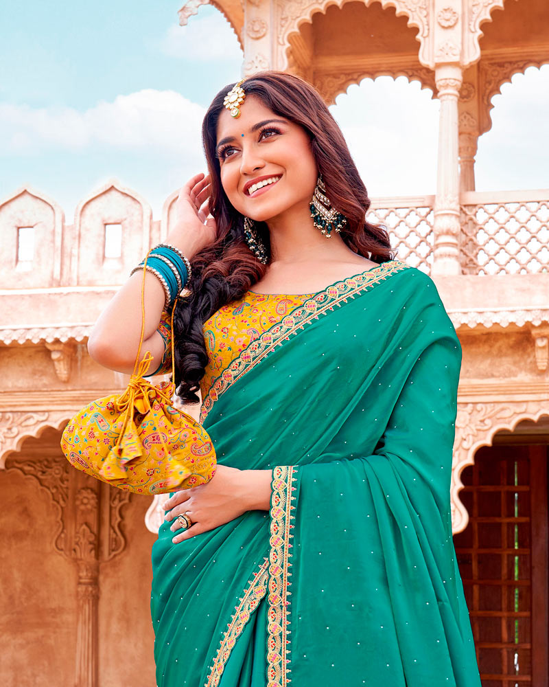 Vishal Prints Pine Green Designer Organza Saree With Diamond Work And Embroidery Cut Work Border (With Matching Potli Bag)