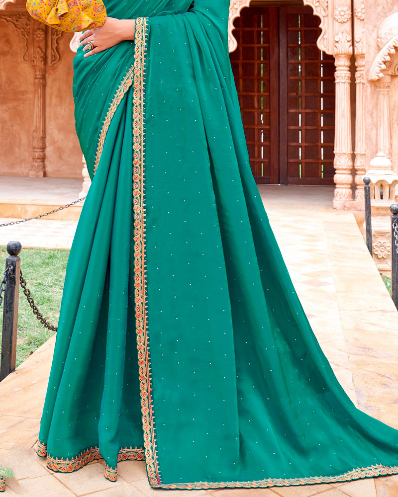 Vishal Prints Pine Green Designer Organza Saree With Diamond Work And Embroidery Cut Work Border (With Matching Potli Bag)