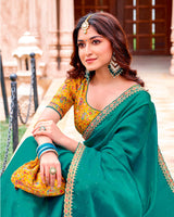 Vishal Prints Pine Green Designer Organza Saree With Diamond Work And Embroidery Cut Work Border (With Matching Potli Bag)